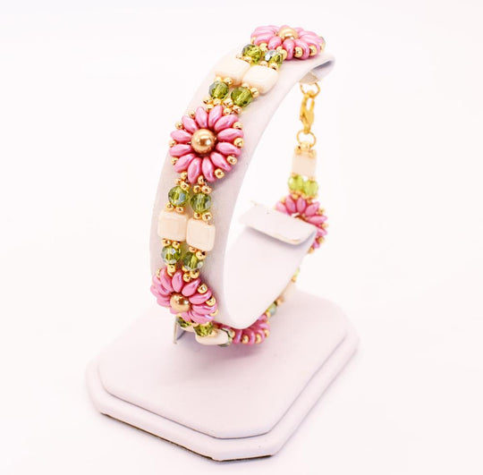 Pink, Gold, Green & Ivory Daisy Block Link Bracelet