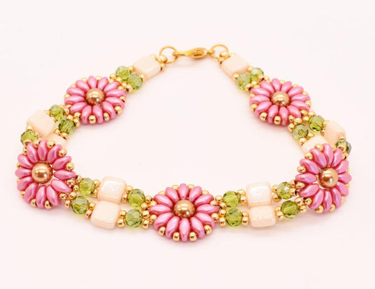 Pink, Gold, Green & Ivory Daisy Block Link Bracelet