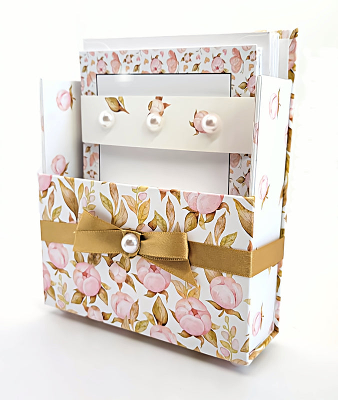 42-Pc Stationery Gift Box Set w/Reusable Desktop Organizer Box & Gold Pen - Pink Magnolias