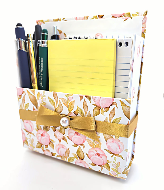 42-Pc Stationery Gift Box Set w/Reusable Desktop Organizer Box & Gold Pen - Pink Magnolias