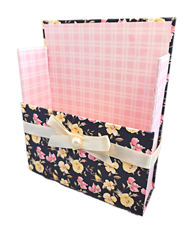 42-Pc Stationery Gift Box Set w/Reusable Desktop Organizer Box & Gold Pen - Pink & Yellow Roses