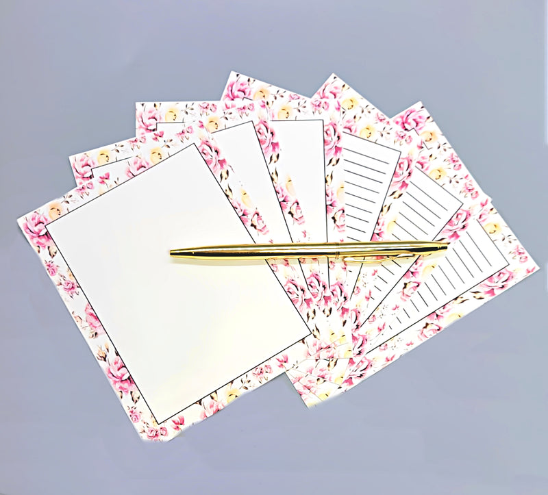 42-Pc Stationery Gift Box Set w/Reusable Desktop Organizer Box & Gold Pen - Pink & Yellow Posies