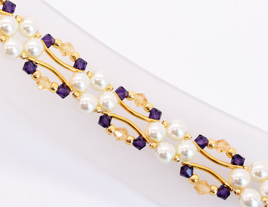 Purple Amethyst and Gold Crystal and Pearl Hex Block Link Bracelet