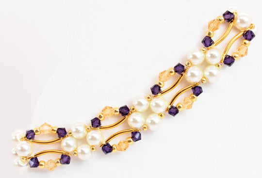 Purple Amethyst and Gold Crystal and Pearl Hex Block Link Bracelet
