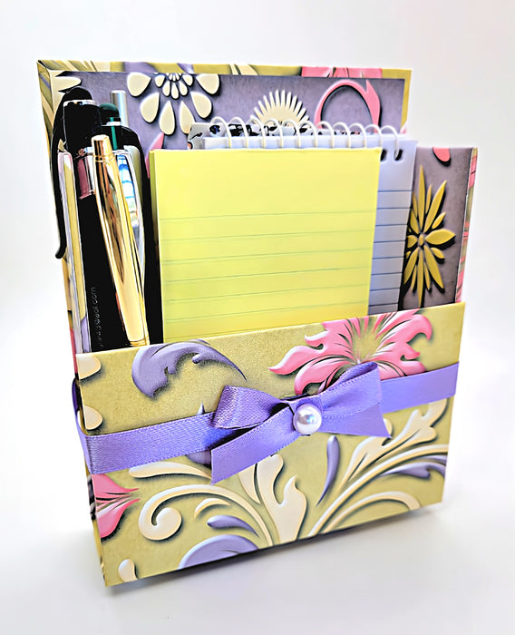 42-Pc Stationery Gift Box Set w/Reusable Desktop Organizer Box & Gold Pen - Pink, Purple, Ivory