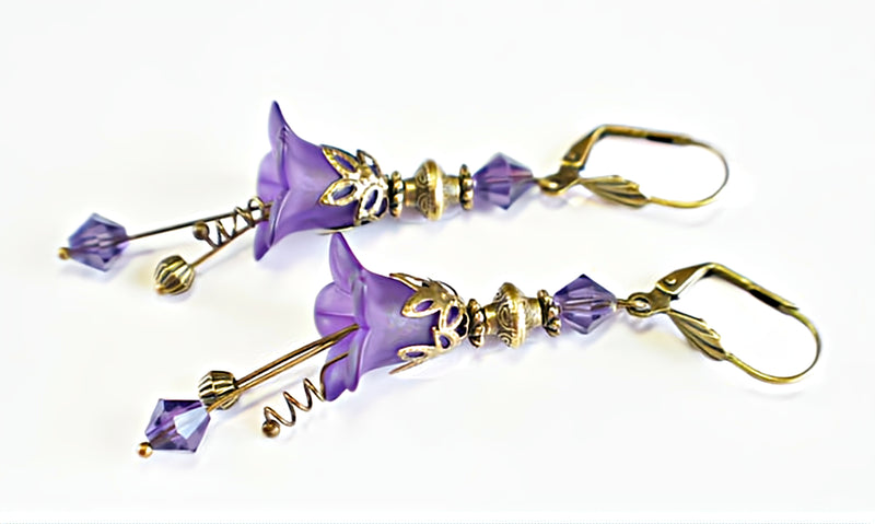 Vintage Victorian Style Purple Velvet and Antique Bronze Bell Flower Lucite Earrings