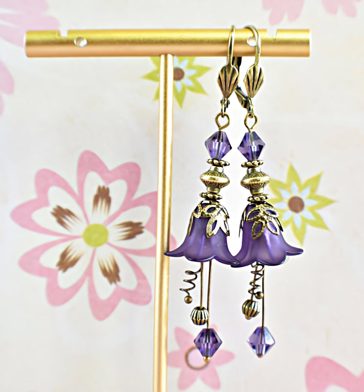 Vintage Victorian Style Purple Velvet and Antique Bronze Bell Flower Lucite Earrings