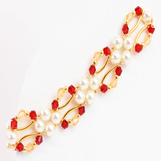 Siam Red and Gold Crystal and Pearl Hex Block Link Bracelet