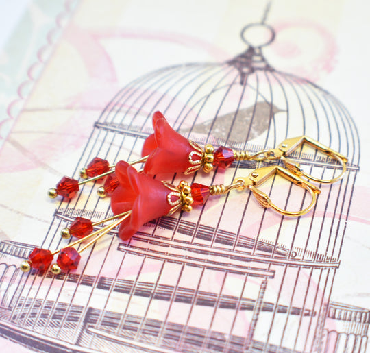 Siam Red and Gold Bell Flower Earrings