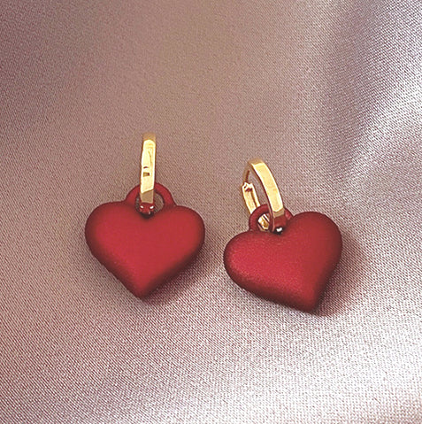 Frosted Red & Gold Heart Earrings; 2 Earrings in 1