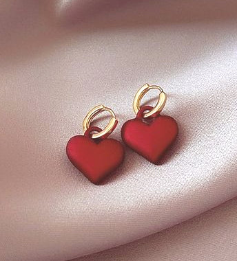 Frosted Red & Gold Heart Earrings; 2 Earrings in 1