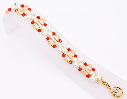 Red Jade and Gold Crystal and Pearl Hex Block Link Bracelet