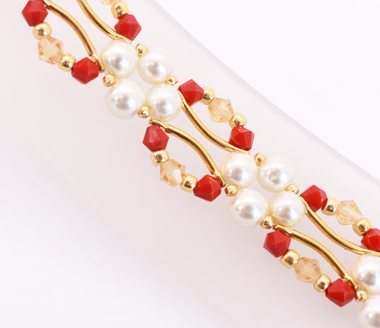 Red Jade and Gold Crystal and Pearl Hex Block Link Bracelet