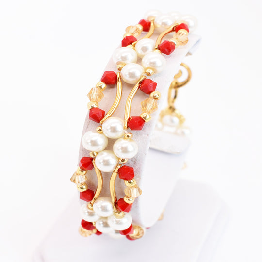 Red Jade and Gold Crystal and Pearl Hex Block Link Bracelet