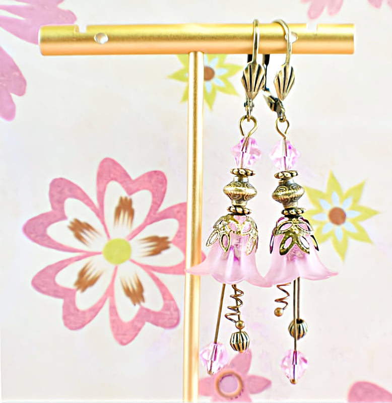 Vintage Victorian Style Rosy Pink and Antique Bronze Bell Flower Lucite Earrings