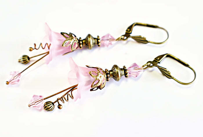 Vintage Victorian Style Rosy Pink and Antique Bronze Bell Flower Lucite Earrings