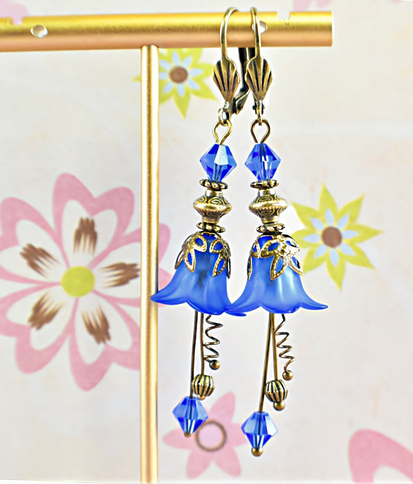Vintage Victorian Style Royal Blue and Antique Bronze Bell Flower Lucite Earrings