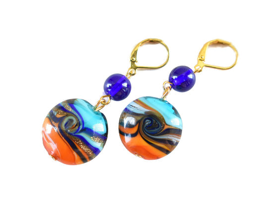 Royal Blue, Sky Blue, Orange & Gold Ocean Swirl Circle Dangle Earrings