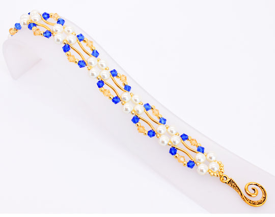 Sapphire Blue and Gold Crystal and Pearl Hex Block Link Bracelet