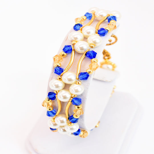 Sapphire Blue and Gold Crystal and Pearl Hex Block Link Bracelet
