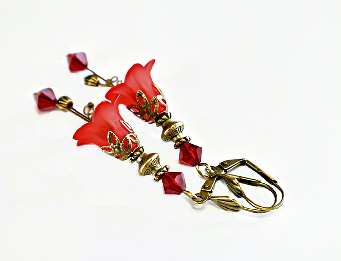 Vintage Victorian Style Siam Red and Antique Bronze Bell Flower Lucite Earrings