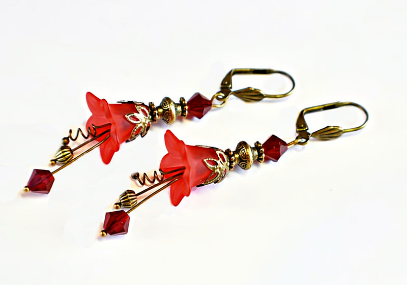 Vintage Victorian Style Siam Red and Antique Bronze Bell Flower Lucite Earrings