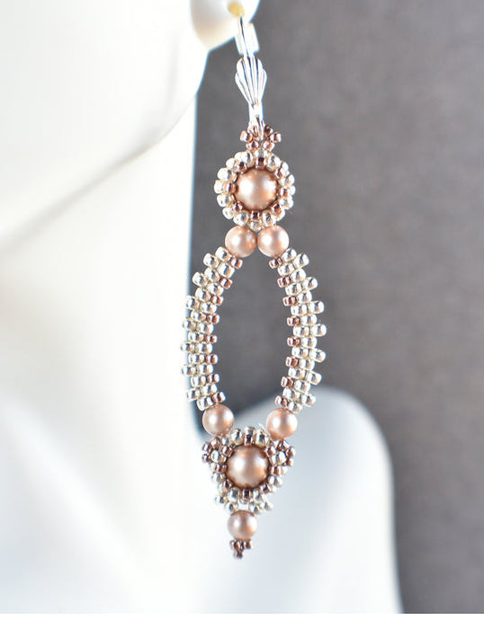 Silver Beaded Oval Hoop Earrings Made w/Swarovski Powder Almond Pearls
