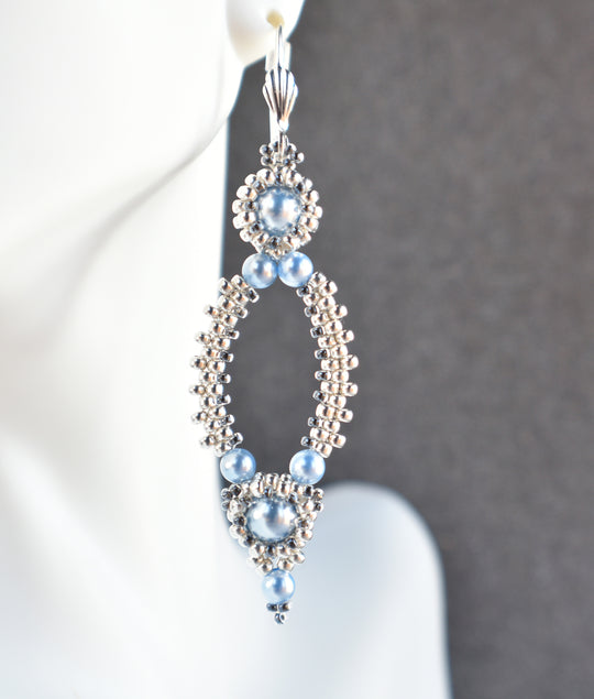 Silver Beaded Oval Hoop Earrings Made w/Swarovski Light Blue Pearls