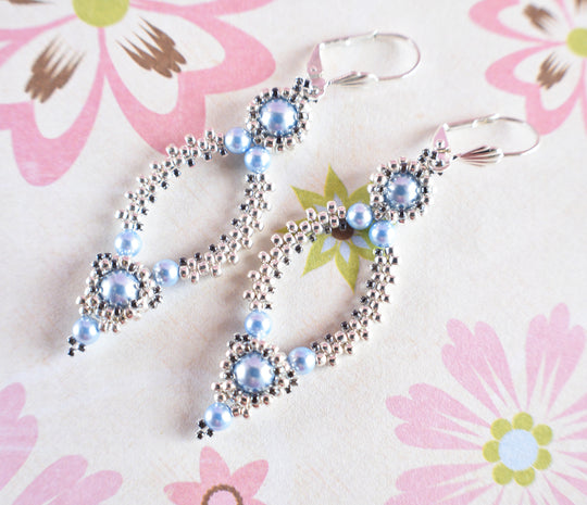 Silver Beaded Oval Hoop Earrings Made w/Swarovski Light Blue Pearls