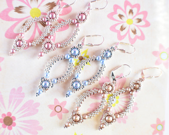 Silver Beaded Oval Hoop Earrings Made w/Swarovski Light Blue Pearls