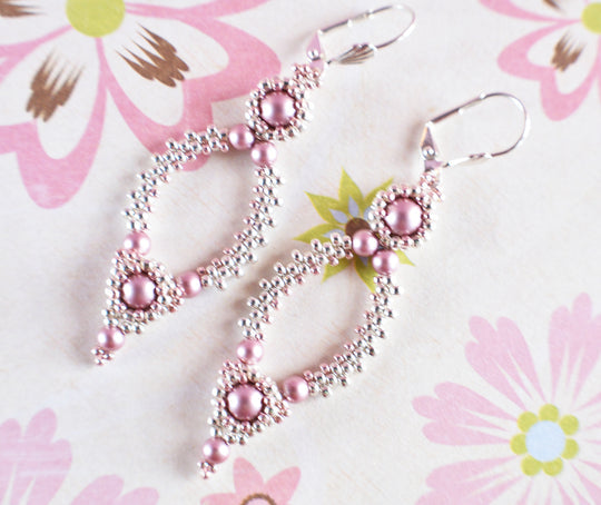 Silver Beaded Oval Hoop Earrings Made w/Swarovski Powder Pink Pearls