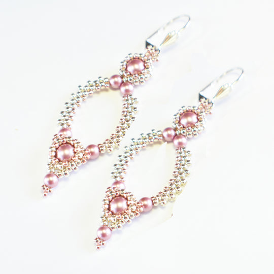 Silver Beaded Oval Hoop Earrings Made w/Swarovski Powder Pink Pearls