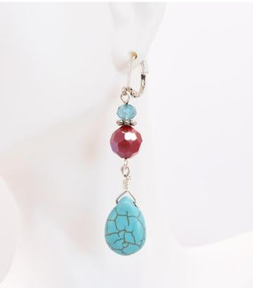 Turquoise, Silver & Red Crystal Teardrop Dangle Earrings