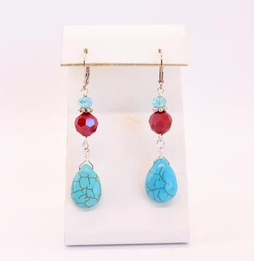 Turquoise, Silver & Red Crystal Teardrop Dangle Earrings