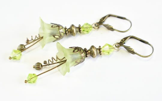 Vintage Victorian Style Peridot Green and Antique Bronze Bell Flower Lucite Earrings