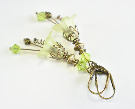 Vintage Victorian Style Peridot Green and Antique Bronze Bell Flower Lucite Earrings