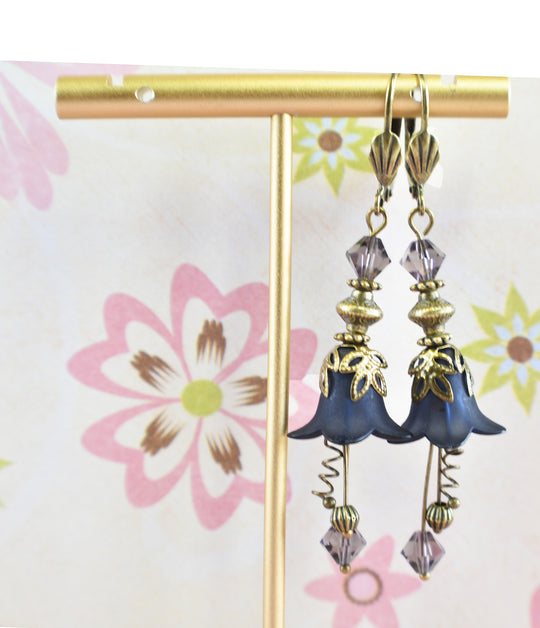 Vintage Victorian Style Dark Prussian Blue and Antique Bronze Bell Flower Lucite Earrings