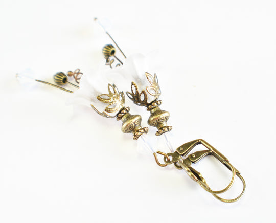 Vintage Victorian Style White and Antique Bronze Bell Flower Lucite Earrings