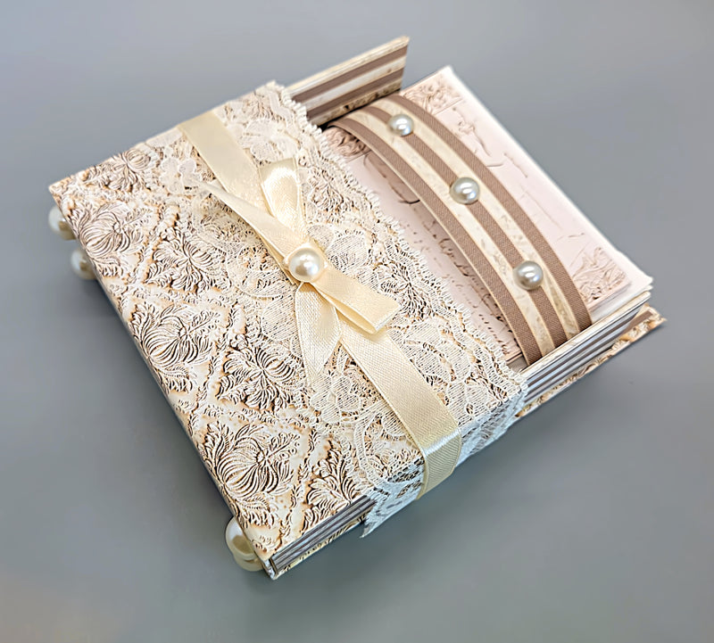 42-Pc Stationery Gift Box Set w/Reusable Desktop Organizer Box & Gold Pen - Stripes & Ivory Lace